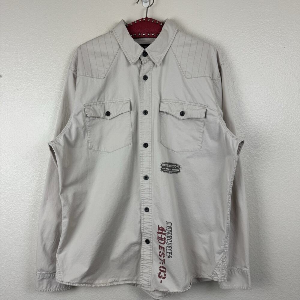 Harley-Davidson Motorcycles Long Sleeve Button Down Top Cotton Skull Khaki XL